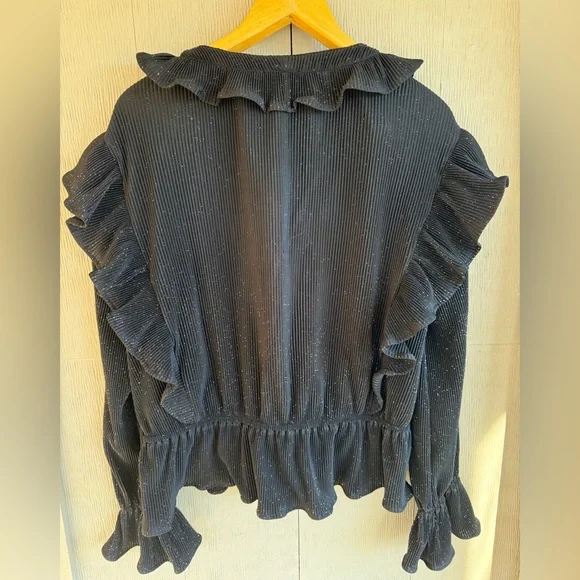 G by Giuliana Black Sparkly Long Sleeve Ruffle Blouse - Picture 2 of 5